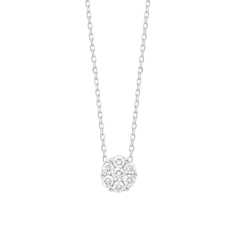 14K WHITE GOLD ROUND CLUSTER PENDANT WITH .16CTTW ROUND SI CLARITY & GH COLRO DIAMONDS ON A 17/18" CABLE CHAIN