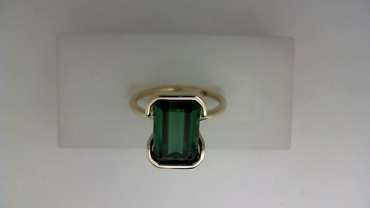 14K YELLOW POLISHED SHANK HALF BEZEL RING SET WITH A 3.56CT EMERALD CUT GREEN TOURMALINE