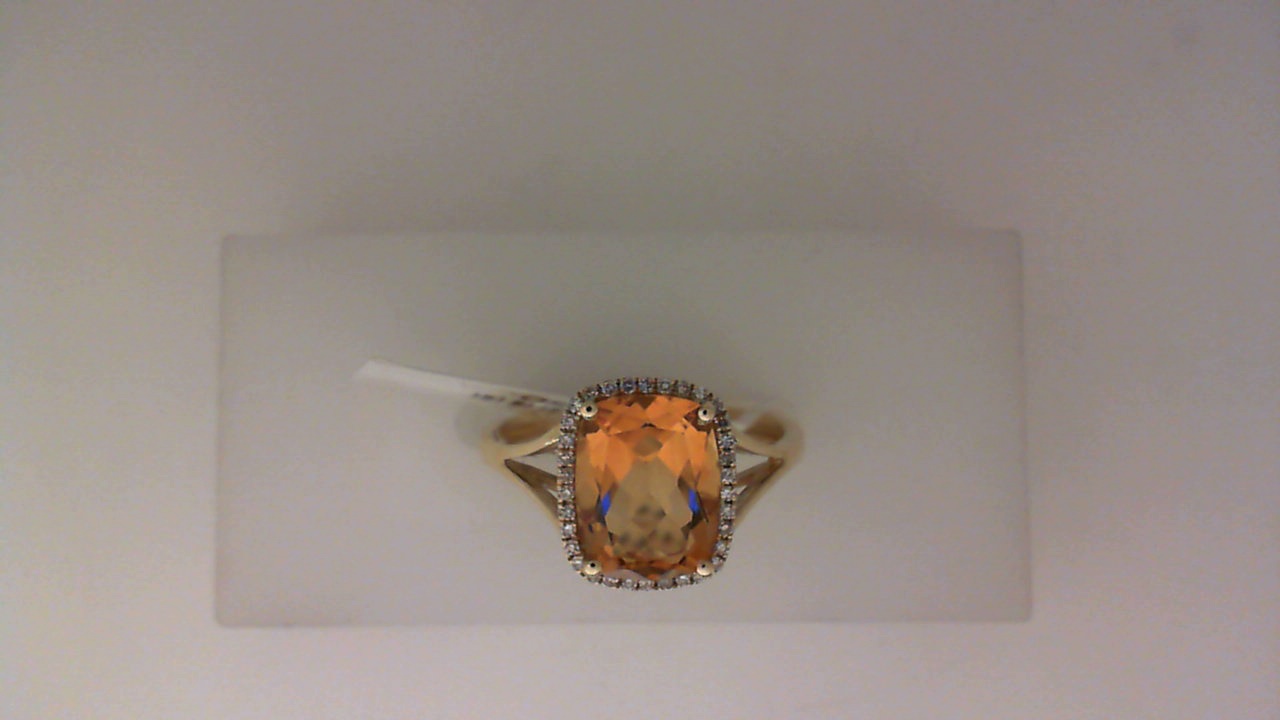 14K YELLOW GOLD 2.01CT RECTANGLE CUSHION SHAPE CITRINE RING WITH .08CTTW ROUND SI CLARITY & H COLOR DIAMONDS SET IN THE HALO