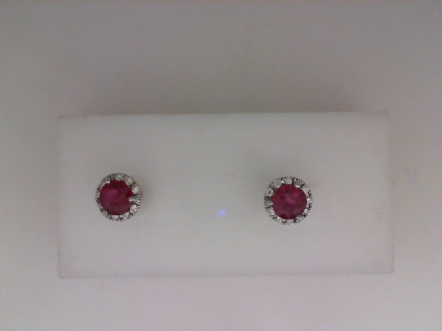 14K WHITE GOLD 1.10CTTW ROUND RUBY STUD EARRINGS WITH .12CTTW ROUND SI CLARITY & GH COLOR DIAMONDS SET IN THE HALOS