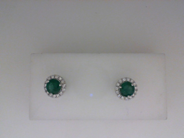 14K WHITE GOLD POST EARRINGS WITH .99CTTW ROUND EMERALDS WITH .20CTTW ROUND SI CLARITY & GH COLOR DIAMONDS SET IN THE HALOS