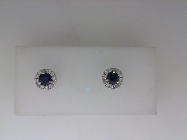 14K WHITE GOLD 4.0MM ROUND CEYLON SAPPHIRE STUD EARRINGS WITH .12CTTW ROUND SI CLARITY & GH COLOR DIAMONDS SET IN THE HALOS