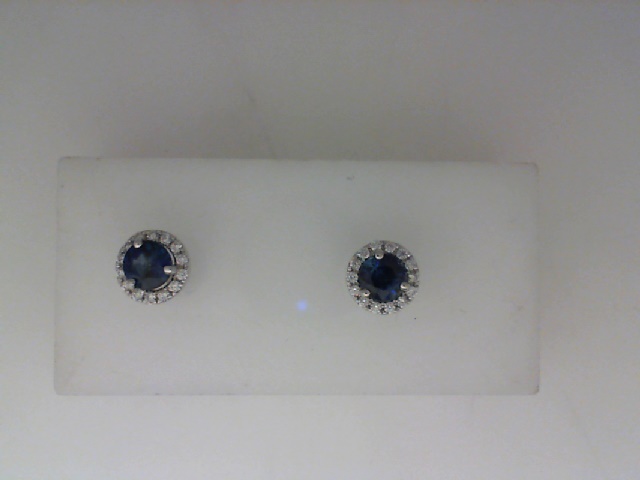 14K WHITE GOLD 4.7MM ROUND CEYLON SAPPHIRE STUD EARRINGS WITH .16CTTW ROUND SI CLARITY & GH COLOR DIAMONDS SET IN THE HALOS