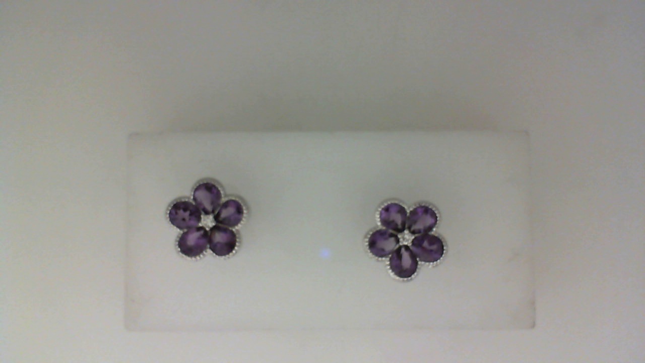 14K WHTE GOLD FLOWER STUD EARRINGS WITH 1.30CTTW PEAR SHAPED AMETHYSTS AND .03CTTW ROUND DIAMONDS