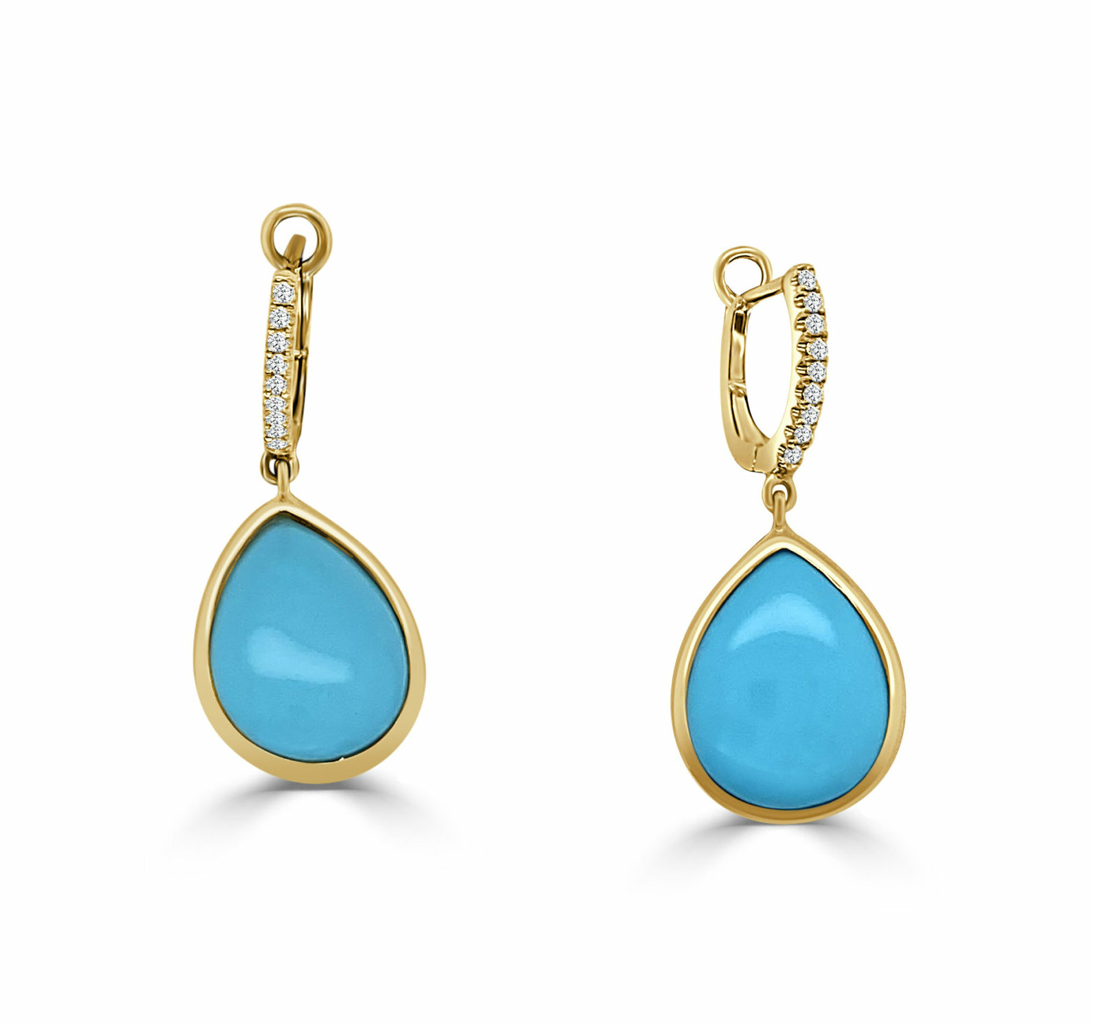 14K YELLOW GOLD 7.67CTTW TEAR DROP TURQUOISE DROP EARRINGS WITH .10CTTW ROUND SI CLARITY & G COLOR DIAMONDS SET ON THE TOP