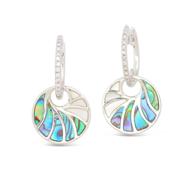 1/2 PAIR OF 14K WHITE GOLD MIMI ROUND (14MM) ABALONE AND WHITE MOTHER OF PEARL WITH DIAMOND TOP VENUS EARRINGS