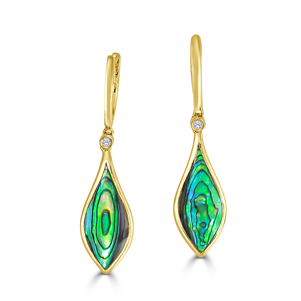 14K YELLOW GOLD ELONGATED ABALONE DROP EARRINGS WITH .03CTTW ROUND SI CLARITY & G COLOR DIAMOND TOP