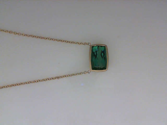 14K YELLOW GOLD 11.7X7MM SATIN FINISH BEZEL SET CUSHION CUT GREEN TOURMOLINE PENDANT ON AN 18" CABLE CHAIN