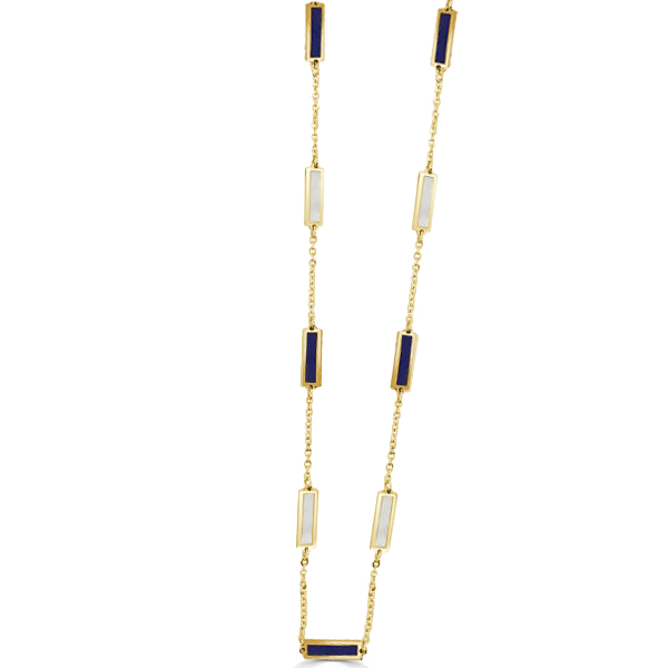 14K YELLOW GOLD 18" CABLE CHAIN WITH 17 STATIONS OF RECTANGLE BEZEL SET LAPIS AND WHITE MOTHER OF PEARL