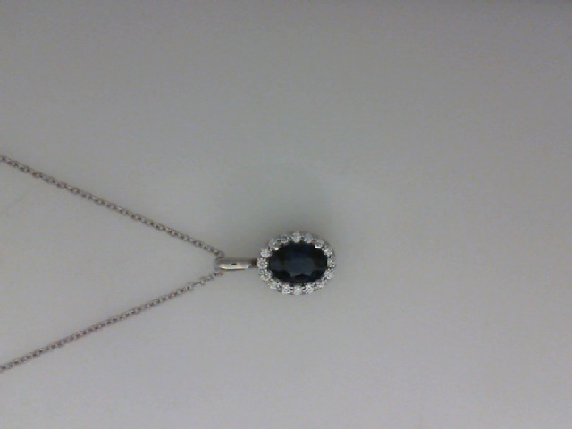 14K WHITE GOLD .86CT OVAL SAPPHIRE WITH ROUND DIAMONDS SET IN THE HALO AND SIDE ON AN 18" CABLE CHAIN