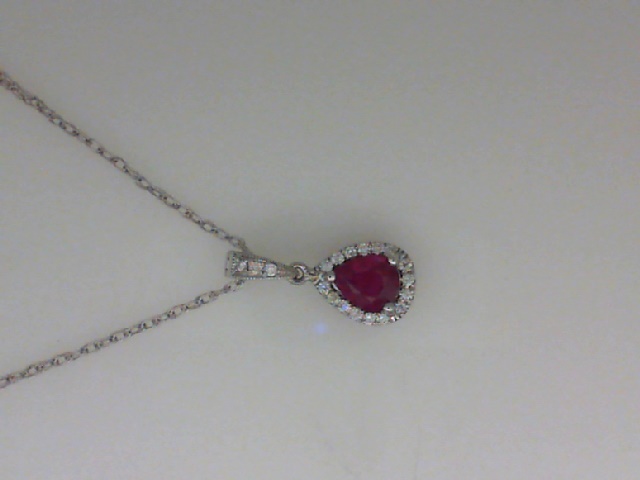 14K WHITE GOLD.62CT PEAR SHAPED RUBY (6.7X4MM) PENDANT WITH .11CTTW ROUND SI CLARITY & GH COLOR DIAMONDS SET IN THE HALO AND THE ENHANCER BAIL ON AN 18