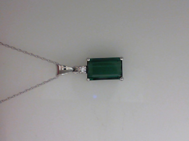 14K WHITE GOLD 2.52CT EMERALD CUT GREEN TOURMOLINE (10.6X6MM) PENDANT WITH A .03CT ROUND SI CLARITY & GH COLOR DIAMOND ON AN 18" PENDANT CHAIN