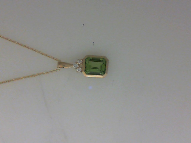 14K YELLOW GOLD BEZEL SET 7X6MM PERIDOT PENDANT WITH .05CTTW ROUND SI CLARITY & GH COLOR DIAMONDS ON 16+2" CHAIN