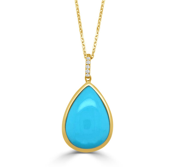 14K YELLOW GOLD PEAR SHAPED 4.92CT TURQUOISE DROP PENDANT WITH .04CTTW ROUND SI CLARITY & G COLOR DIAMONDS SET IN THE BAIL ON AN 18" CABLE CHAIN