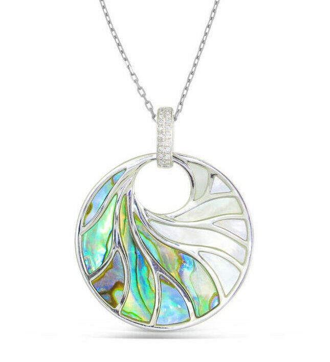 14K WHITE GOLD MEDIUM ROUND HALD ABALONE HALF WHITE MOTHER OF PEARL PENDANT WITH .07CTTW ROUND SI CLARITY & GH COLOR DIAMONDS SET IN THE BAIL ON AN 18