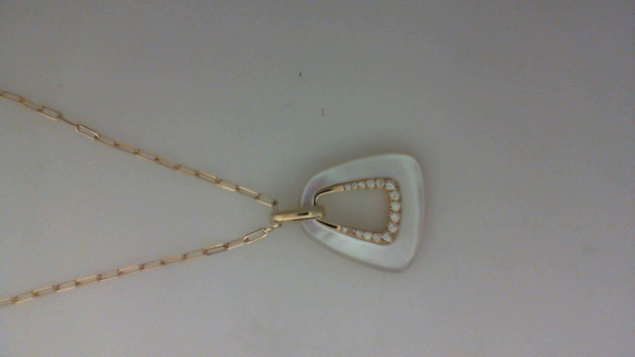 14K YELLOW GOLD OPEN WHITE MOTHER PEARL PENDANT WITH .12CTTW ROUND SI CLARITY & G COLOR DIAMONDS ON AN 18" PAPRECLIP CHAIN