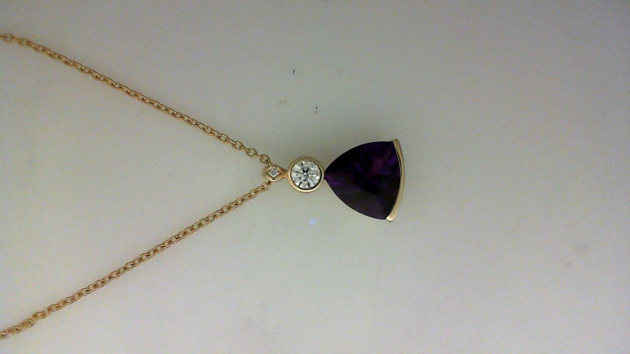 14K YELLOW GOLD 3.93CT TRILLION CUT AMETHYST PENDANT WITH A .30CT SI CLARITY & G COLOR BEZEL SET DIAMOND ON A 16/18