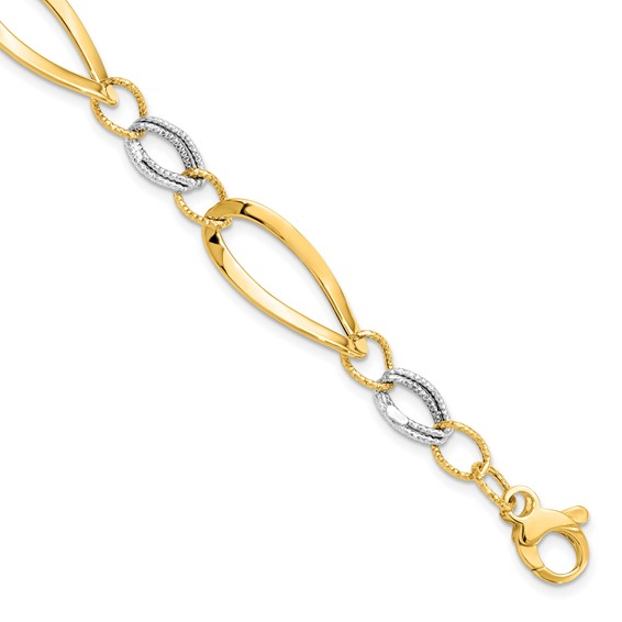 14K YELLOW AND WHITE GOLD 7.25" POLISHED AND DIAMOND CUT LINK BRACELET WITH A LOBSTER CLASP