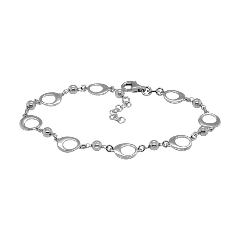 STERLING SILVER (RHODIUM PLATED) 7+1" ALTERNATING OPEN CIRCLES AND 4MM SOLID BEAD BRACELET