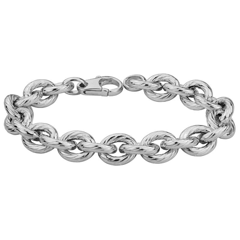 7.87" STERLING SILVER (RHODIUM PLATED) 11MM TEXTURED OVAL LINK CHAIN BRACELET WITH A LOBSTER CLASP