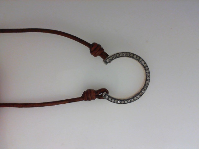 VINECNT PEACH LARGE HORSESHOE PENDANT WITH DIAMONDS ON BROWN LEATHER WITH A WHITE FRESHWATER PEARL CLASP