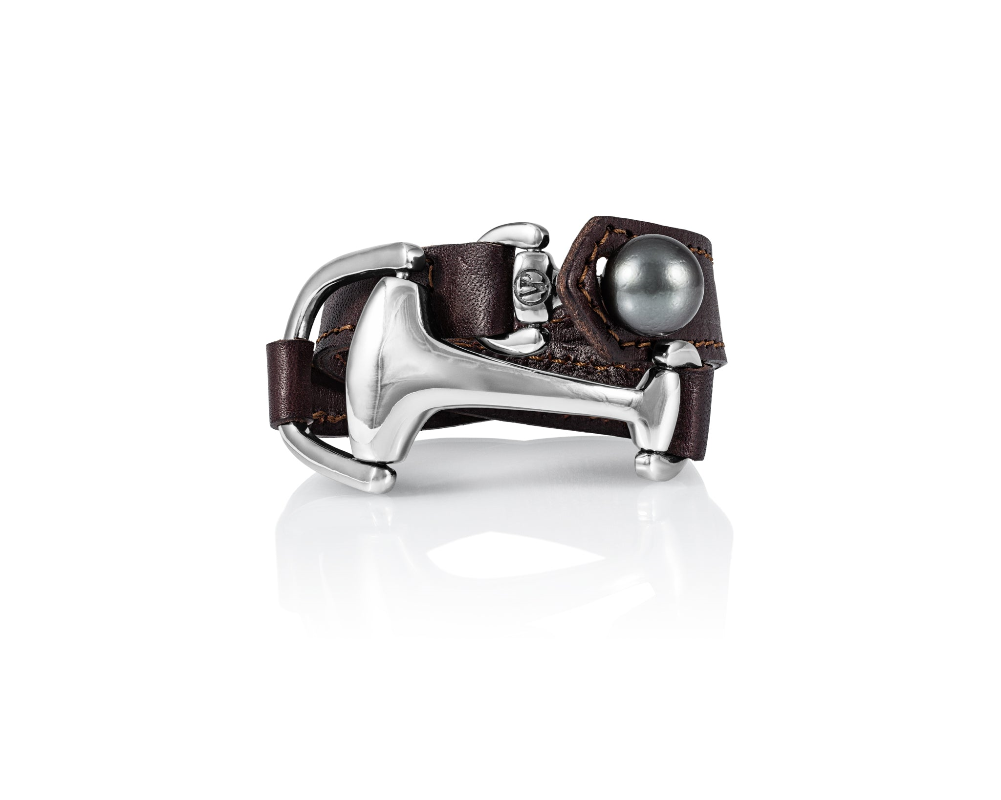 VINCENT PEACH MONTANA BRACELET PREMIUM BROWN LEATHER STERLING SILVER SNAFFLE BIT AND TAHITIAN PEARL