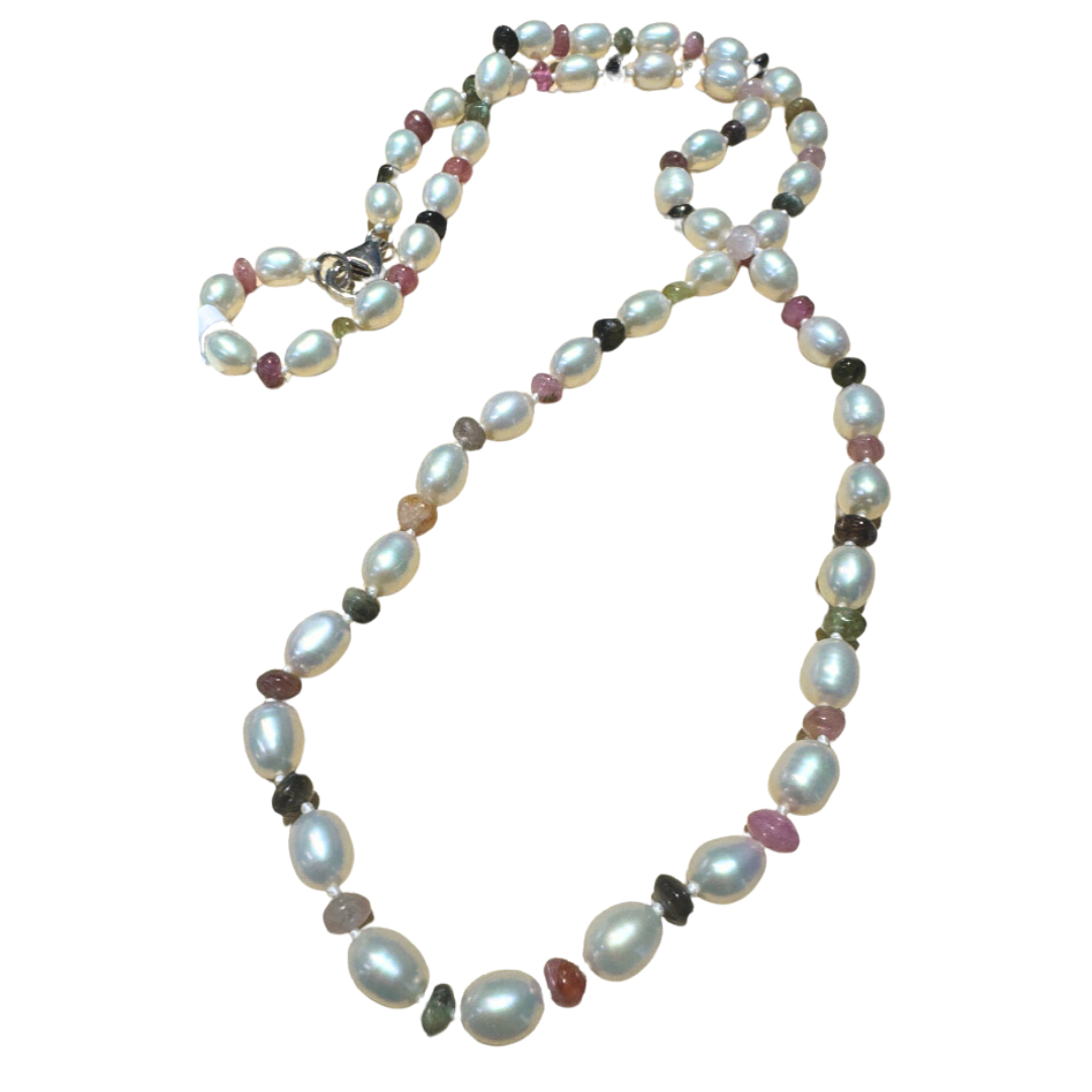 VINCENT PEACH 21" TOURMALINE BEAD AND WHITE FRESHWATER PEARL NECKLACE