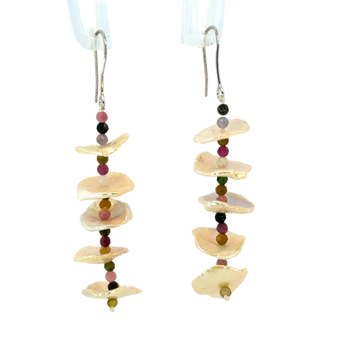 VINCENT PEACH WHITE FRESHWATER PEARL DISC AND TOURMALINE BEAD DROP EARRINGS ON WIRES