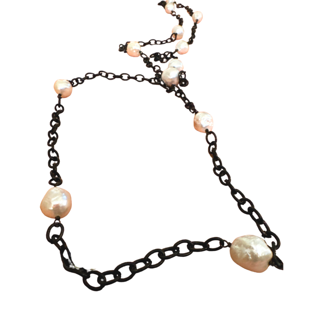 VINCENT PEACH 48" BLACK IRON CHAIN WITH WHITE FRESHWATER PEARLS