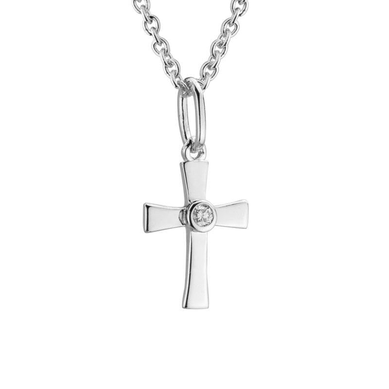 STERLING SILVER (RHODIUM PLATED) POLISHED CROSS PENDANT WITH A .02CT ROUND DIAMOND ON A 16/18" CABLE CHAIN