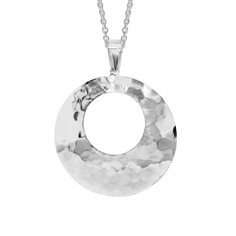 STERLING SILVER (RHODIUM PLATED) 22+2" OPEN HAMMERED CIRCLE PENDANT