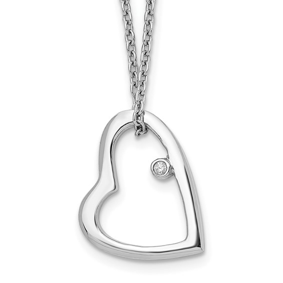 STERLING SILVER (RHODIUM PLATED) OPEN HEART PENDANT WITH A ROUND BEZEL SET DIAMOND ON AN 18" CABLE CHAIN