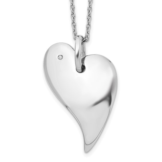 STERLING SILVER (RHODIUM PLATED) SOLID HEART PENDANT WITH A ROUND DIAMOND ON AN 18" CABLE CHAIN