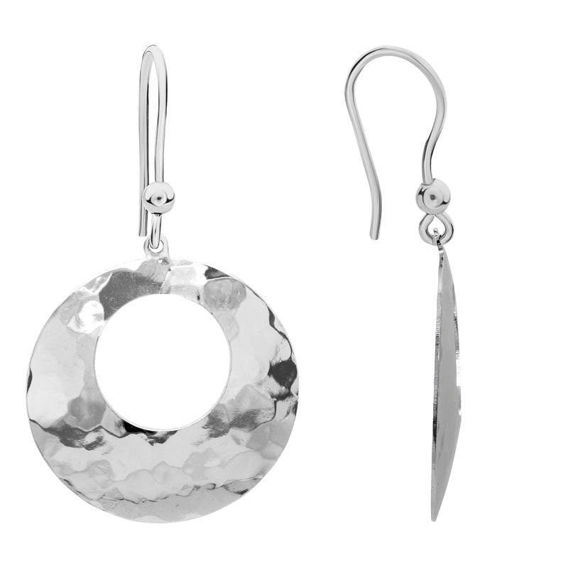 STERLING SILVER (RHODIUM PLATED) HAMMERED OPEN CIRCLE DROP EARRINGS ON WIRES