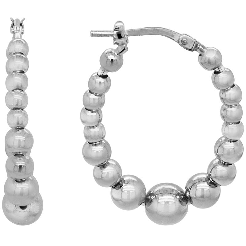 STERLING SILVER (RHODIUM PLATED) GRADUATED BEAD OVAL HOOP EARRINGS