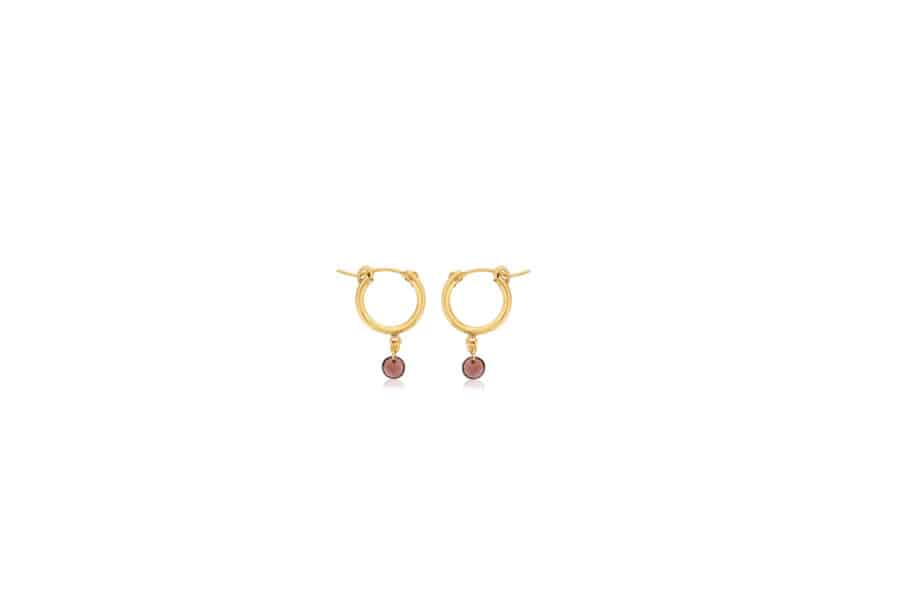 DEE BERKLEY GOLD FILLED SMALL CHUNKY HOOPS WITH GARNET GEMSTONE DROPS