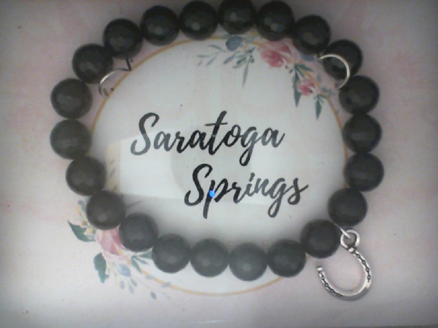 FINAL SALE DEE BERKLEY FACETED BLACK AGATE BRACELET WITH HORSESHOE CHARM IN SARATOGA SPRINGS GIFT BOX