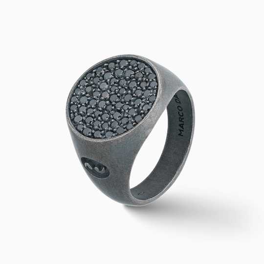 MARCO DAL MASO MONETA SOVEREIGN SIGNET RING IN OXIDIZED SILVER WITH 1.91CTTW BLACK DIAMONDS