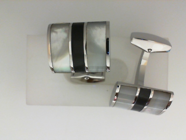 STAINLESS STEEL CUFF LINKS WITH BLACK SEMI PRECIOUS STONE AND WHITE MOTHER OF PEARL