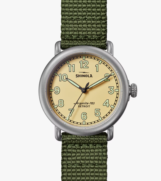 41mm Runwell Feild Timepiece In Stainless Steel With A Matte Oat Dial And Smooth Bezel On A Olive Green Nylon Strap By Shinola
With Gift Set