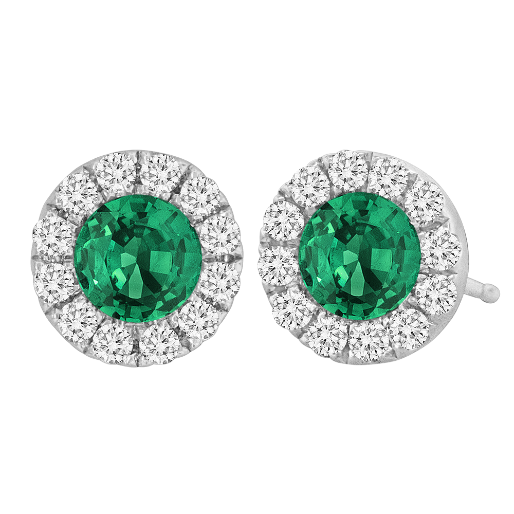 18k White Gold With 0.32ctw Diamonds And 0.15ctw Round Cut Emeralds, Diamond Halo Stud Earrings By Pd Collection