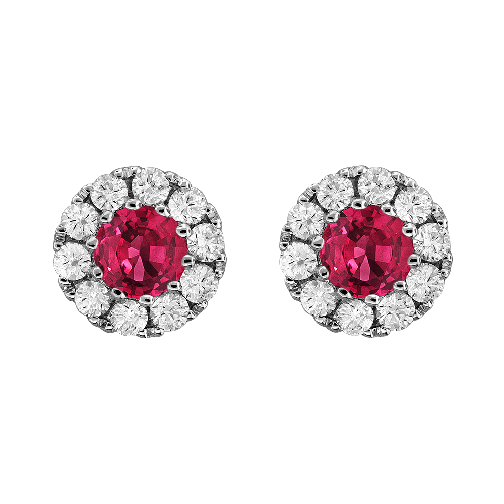 18k White Gold With 0.40ctw Diamonds And 0.61ctw Round Cut Rubies, Diamond Halo Stud Earrings By Providence Diamond Collection