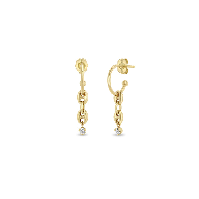 14k Yellow Gold With 0.06ctw Diamonds, Dangling Mariner Chain With Prong Set Diamonds Higgie Hoop Earrings, By Zoe Chicco