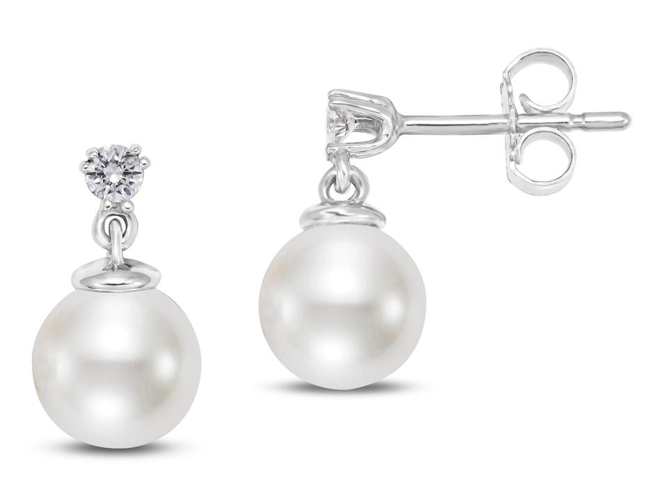 14k White Gold With 0.12ctw Diamonds And 7.0-7.5mm Pearls, Drop Stud Earrings By Pd Collection