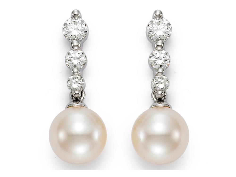 18k White Gold With 0.43ctw Diamonds And 7.0-7.5mm White Freshwater Pearls, Graduated Shared Prong Set Diamonds With Pearls Dangle Stud Earrings  By Mastoloni