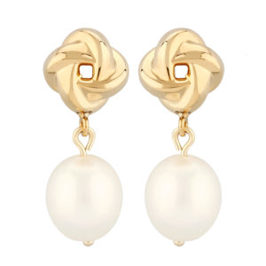 14k Yellow Gold 8mm Love Knot With Drop Freshwater Pearl Stud Earrings Pd Collection