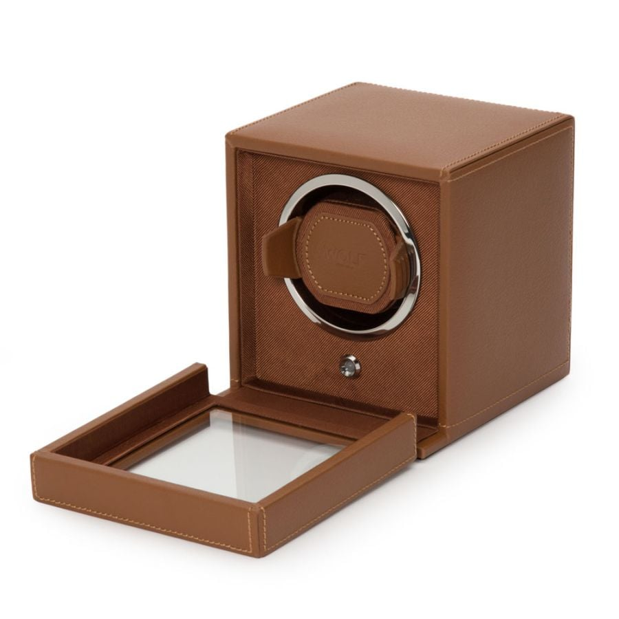 Cub Single Watch Winder With Cover In Cub Cognac By Wolf