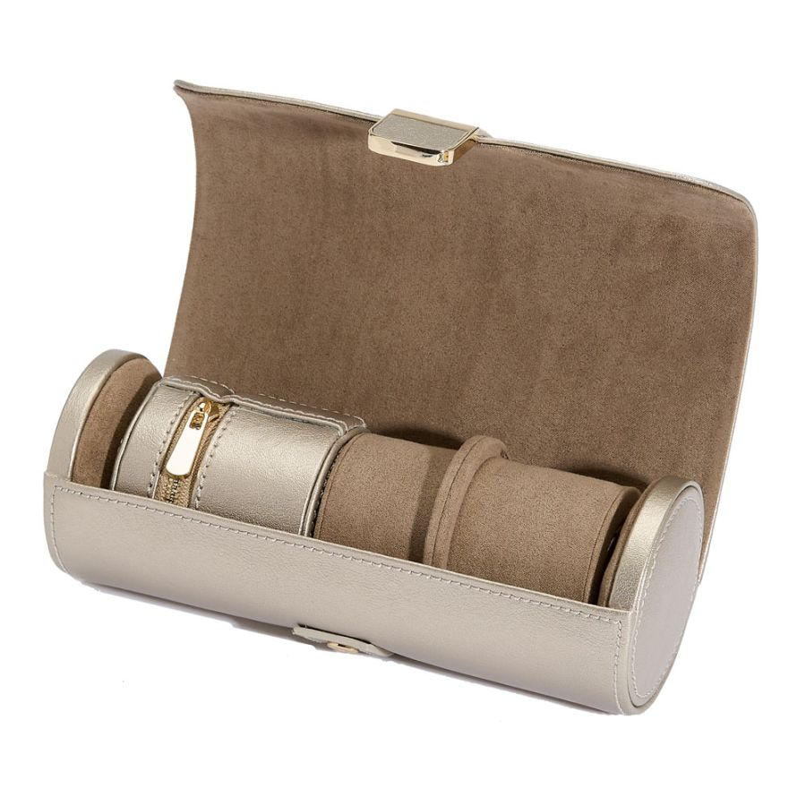 Plaermo Double Watch Roll With Jewelry Pouch In Pewter By Wolf