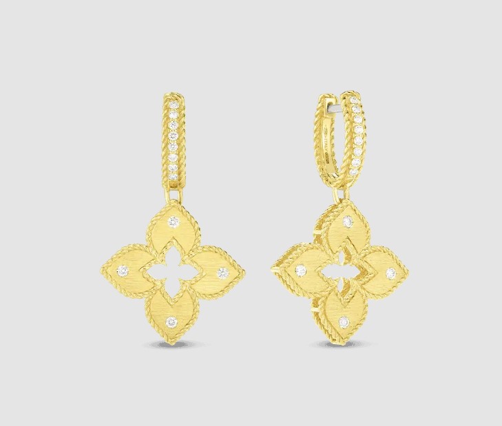 0.23ctw Diamonds, Petite Venetian Princess Drop Earrings With Four Diamonds On The Flower And Diamonds On The Hoop, Set In 18k Yellow Gold By Roberto Coin