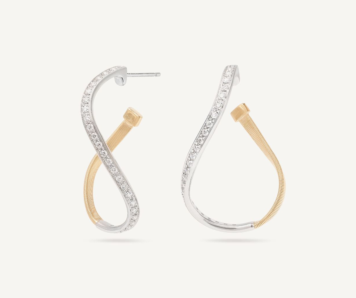 18k Yellow And White Gold With 0.38ctw Diamonds Marrakech Twisted Irregular Small Hoop Earrings By Marco Bicego